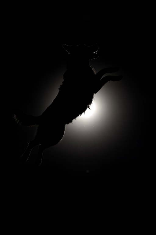 Create a dynamic silhouette of a playful dog leaping in the air against a solid black background, captured with a DSLR camera at f/2.8 aperture, ISO 100, 1/500 sec shutter speed, with a wide-angle lens for an engaging perspective.