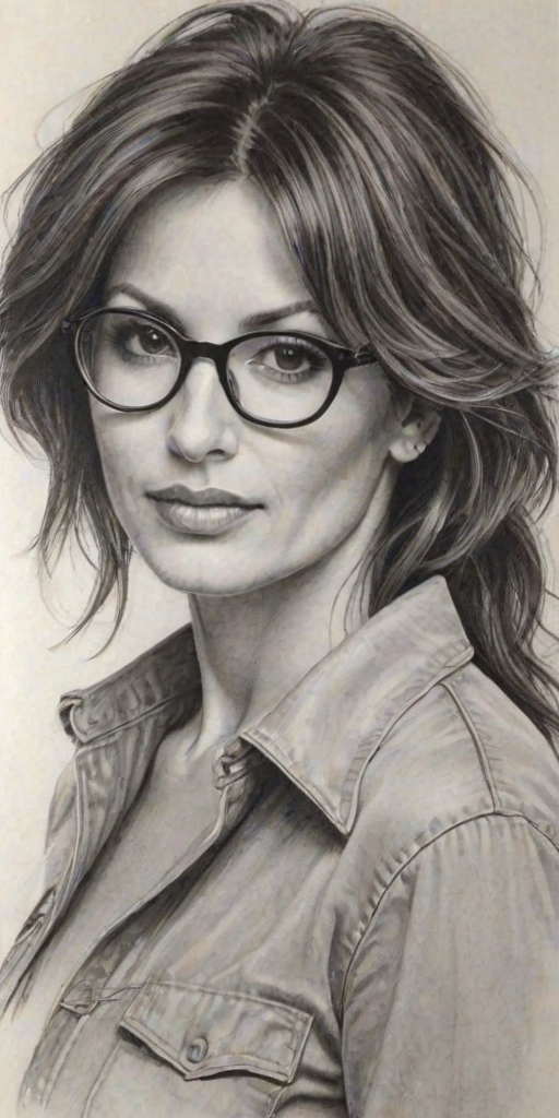 Attractive Gina Gershon, pencil sketch, portrait of Resplendent woman 1975s in glasses, hair style beatnik, outline, clear lines, fine lines, 8k