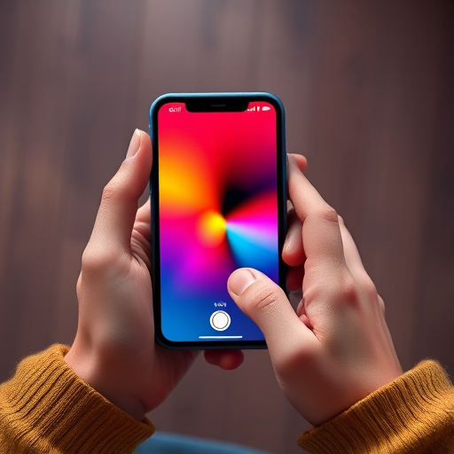 Create a digital illustration of a person's hands holding a smartphone with a colorful interface, shot from a top-down perspective, using a 50mm lens at f/2.8 aperture, 1/200s shutter speed, and ISO 100 for clarity and sharpness.
