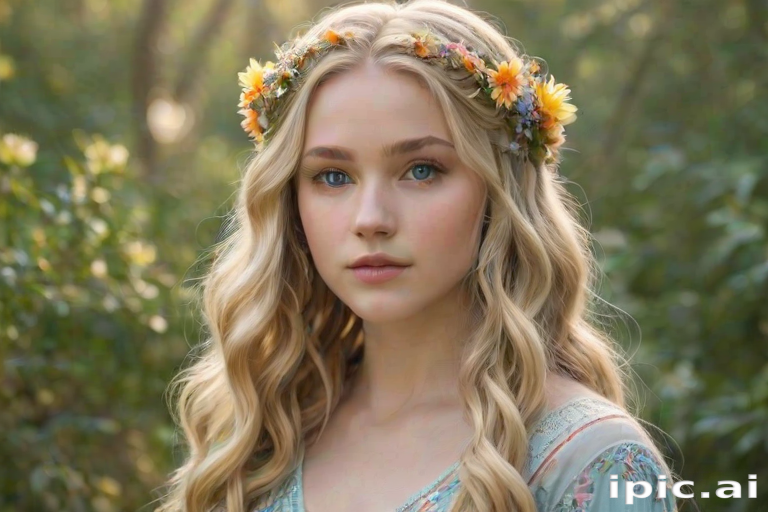 Create an image of a young woman with long, wavy blonde hair, adorned with small, colorful flowers woven into her braids and loose strands. Her complexion is fair, with soft, glowing skin, and she has light blue eyes that gaze softly at the viewer. She wears a light, flowing dress with a gentle, ethereal quality, complementing her delicate and serene appearance. The background is slightly blurred, drawing focus to her tranquil expression and the intricate details of the flowers in her hair. The overall mood of the image is one of natural beauty and grace, evoking a sense of peacefulness and connection with nature.