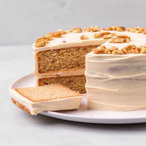 A deliciously layered cake with a light brown sponge and creamy frosting on top garnished with chopped nuts, showcasing a slice cut out to reveal the fluffy interior, served on a simple white plate against a soft gray background.