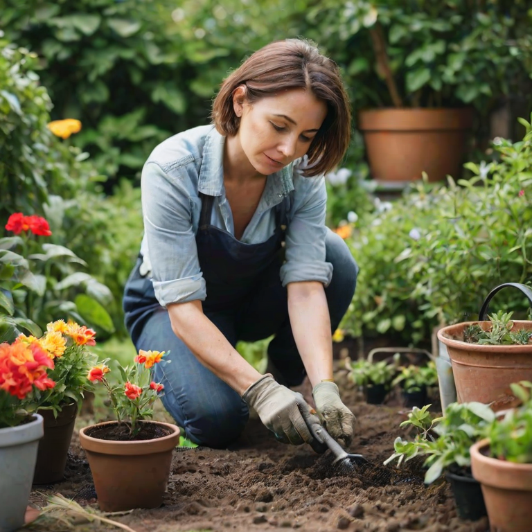 Soft-focus image of a woman gardening, kneeling in the soil, planting vibrant flowers, with pots and gardening tools softly arranged around her, framed by greenery.