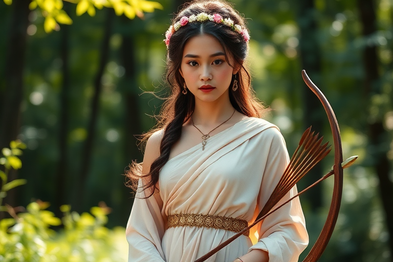 Create a portrait of a goddess-like Tibetan girl figure in a tranquil, forested environment. She has an elegant appearance with long, wavy hair styled in an updo and adorned with a delicate, floral headband. She wears a flowing, ancient Greek-inspired gown in a soft, pale color, featuring a one-shoulder design and draped fabric that accentuates her graceful form. The outfit includes a decorative belt with ornate gold detailing, and she holds a bow in her hand, with a quiver of arrows slung over her shoulder. The background depicts lush greenery, with sunlight filtering through the trees, casting a gentle, ethereal light on the scene. Her expression is calm and contemplative, embodying a sense of wisdom and serenity.
