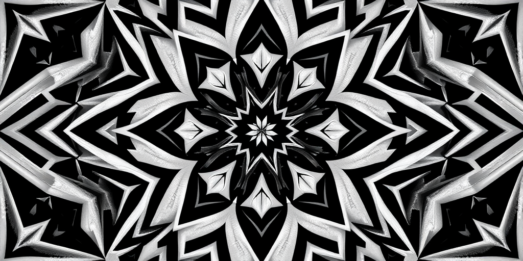 Create a symmetrical abstract pattern with intricate geometric shapes in a high-contrast monochrome palette, shot with a DSLR camera at f/8 aperture, ISO 100, 1/60 sec shutter speed, using a wide-angle lens from a top-down view for enhanced detail and clarity.