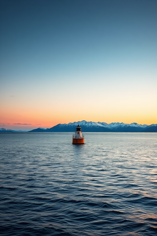 Create a serene ocean landscape featuring a lighthouse buoy in calm waters with a distant snow-capped mountain range under a twilight sky; use a DSLR camera with a 24mm lens, aperture set to f/8, ISO 100, and a slow shutter speed of 1/60s for enhanced detail and clarity.