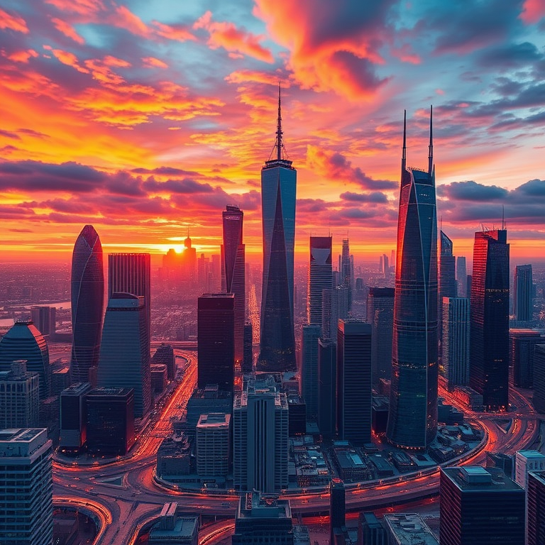 Create a detailed image of a futuristic city skyline at sunset with vibrant colors, using a full-frame DSLR camera, f/8 aperture, ISO 200, 24mm lens, wide-angle view, high dynamic range, and a warm color palette to enhance the visual quality.