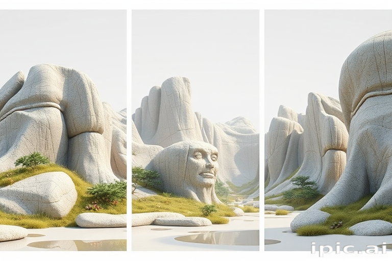 Majestic Rock Formations with a Giant Face Surrounded by Lush Greenery