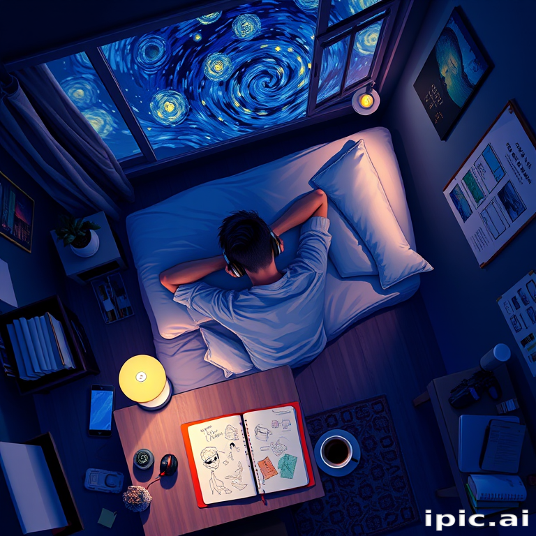 A top-down Van Gogh-style painting of a young man lying on his bed, listening to music with headphones. The room is softly lit with deep blues and purples, creating a peaceful nighttime atmosphere. The bed has a soft pillow, and the man's arms are resting behind his head. Around the bed, various glowing gadgets such as a smartphone, a laptop, and a small lamp are visible, casting a gentle light. The rest of the bedroom includes a desk with books, a chair, and a small rug on the floor. A window near the bed reveals a starry night sky with swirling stars, reminiscent of Van Gogh's 'Starry Night.' On the desk, there is a sketchbook with colorful drawings, a cup of coffee steaming gently, and a small potted plant. The walls have posters of famous paintings and a corkboard with pinned notes and photos. The scene is full of dynamic, swirling brushstrokes, capturing the essence of Van Gogh's unique style. The overall mood is serene and contemplative, with a touch of artistic inspiration.