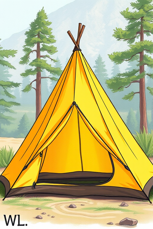 Create a detailed illustration of a yellow camping tent with a triangular shape, set against a natural outdoor background, captured with a DSLR camera at f/8 aperture, ISO 200, 24mm lens, using natural lighting for enhanced vibrancy and depth.