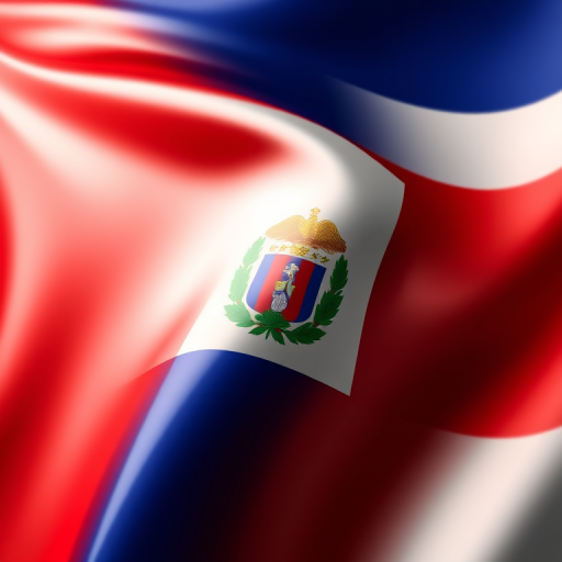 Create a high-resolution digital illustration of the Costa Rican flag with a glossy finish, utilizing a macro lens at f/1.8, ISO 100, and a slight vignette effect to enhance depth, viewed from a frontal perspective with soft lighting for a polished appearance.