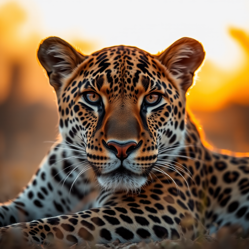 A close-up portrait of a majestic leopard resting in a golden sunset, with soft bokeh in the background, taken with a Canon EOS R5 using a 85mm f/1.2 lens at ISO 100, aperture f/1.2, shutter speed 1/500s, capturing fine details and vibrant colors.