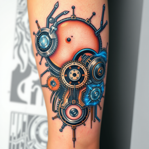 Biomechanical tattoo "Cybernetic Fusion" merging organic flesh tones with metallic gears and circuitry in shades of silver, copper, and electric blue for a futuristic cyborg aesthetic