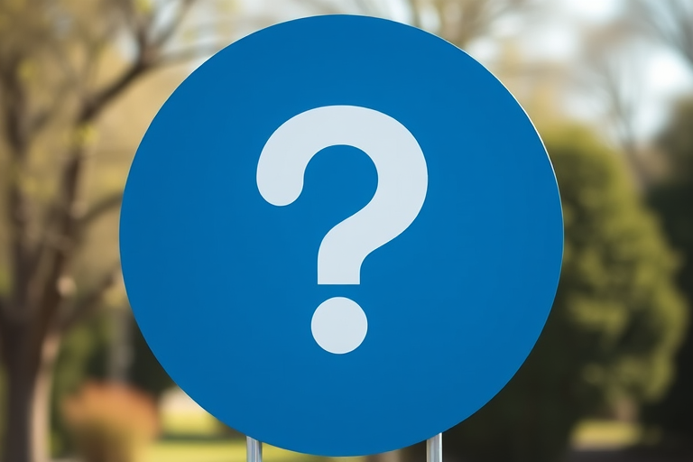 Create an image of a large blue circle with a prominent white question mark in the center, captured using a DSLR camera with a 50mm lens at f/1.8, ISO 200, in natural lighting, with a shallow depth of field to emphasize the symbol.