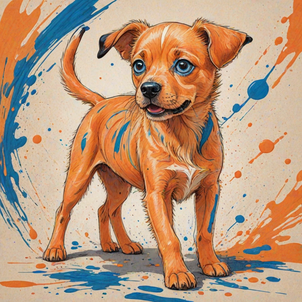 A vibrant childs coloured pencil drawn illustration of a bright orange dog with large, expressive blue eyes, a very cute style. The dog appears to be walking towards the viewer, surrounded by an abstract splash of colors and fine black lines, giving the image a dynamic and artistic flair. The background is a soft beige, highlighting the cat's vivid coloration and playful demeanor. Naively drawn scratchy line style.