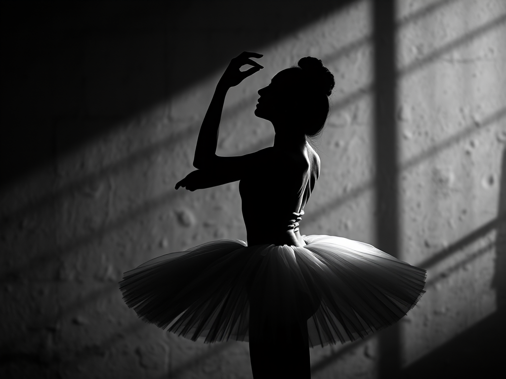 Create a high-contrast monochrome image of a ballerina in a tutu, captured in silhouette against a textured, soft-focus background, using a Canon EOS R5 with a 50mm f/1.2 lens, aperture set to f/2.8, shutter speed 1/125s, ISO 100, side lighting to create dramatic shadows.