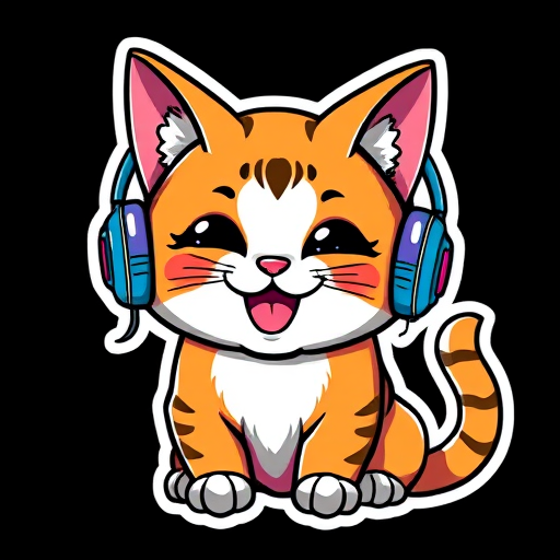 imagine sticker, Happy Colorful Cat wearing Headphones, kawaii, contour, vector, black background