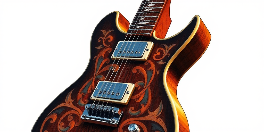 create a detailed illustration of an electric guitar with intricate designs, focus on the body and neck, shot with a DSLR camera at f/2.8 aperture, 50mm lens, in natural light, high resolution, capturing the texture of the guitar finish and the reflection of light on the strings.