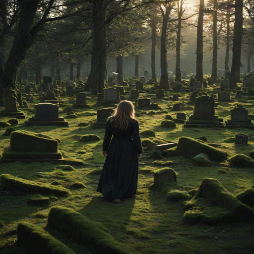 Overgrown cemetery with moss-covered tombstones, a woman walks slowly among the graves, the soft glow of twilight casting long shadows over the landscape.