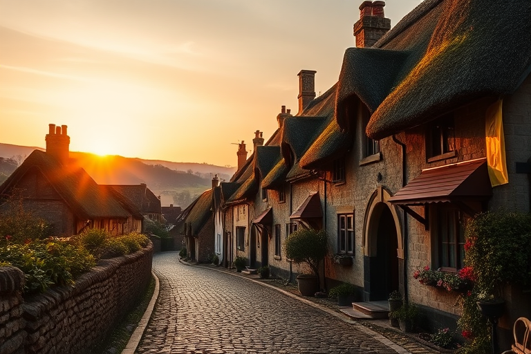 generate a picturesque medieval village scene at sunset showcasing charming thatched-roof cottages along a cobblestone path with warm, glowing light softening the landscape, captured with a full-frame DSLR camera, 24mm lens, aperture f/8, ISO 100, 1/60s shutter speed, using a soft focus style for a dreamy effect