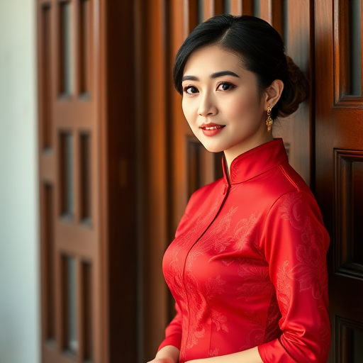Portrait of a woman in a traditional red ao dai, standing by a wooden door, soft natural light, shallow depth of field, 50mm lens, f/1.8, ISO 100, 1/200s, Canon DSLR, captured from a side angle to highlight the fabric texture and rich colors.