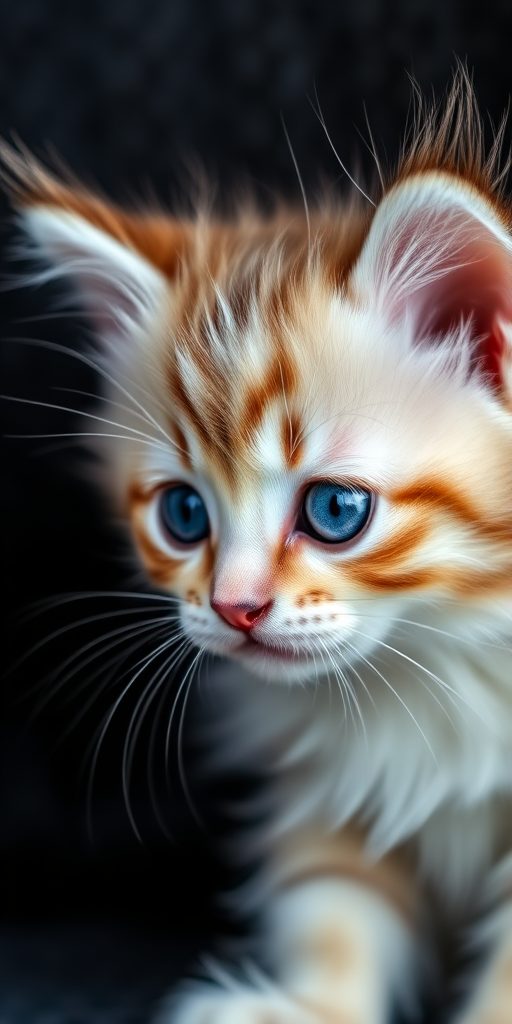 A close-up shot of a fluffy kitten with striking blue eyes, captured with a DSLR camera, 50mm lens, aperture f/1.8, ISO 200, shallow depth of field, soft natural lighting, and positioned against a dark, textured background to enhance focus on the subject.