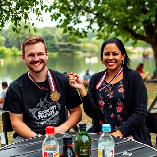 Medium shot photo of two individuals seated outdoors at a table in a scenic park setting. On the left, a Caucasian man with light skin tone and short brown hair wears a casual black t-shirt with a graphic, smiling calmly while holding up a medal. To his right, a woman with medium skin tone, black wavy hair, and a cheerful expression also holds up a medal, her smile conveying joy and pride. She is dressed in a dark cardigan over a floral-patterned blouse, her friendly demeanor adding to the relaxed atmosphere. Both appear comfortable, casually celebrating a shared achievement. The setting is a tranquil lakeside with lush greenery, visible trees reflecting off the calm water, and a few people in paddle boats in the background, contributing to a relaxed and leisurely vibe. The sky is overcast, providing diffused natural light that casts soft shadows, highlighting the subjects and emphasizing the lush backdrop. The table in front of them contains bottles and miscellaneous items, adding to the informal gathering atmosphere. Other people are visible in the distance, further enhancing the sense of a lively outdoor environment. The overall mood of the scene is light-hearted and sociable, enriched by the natural, vibrant surroundings and the subjects' joyful expressions