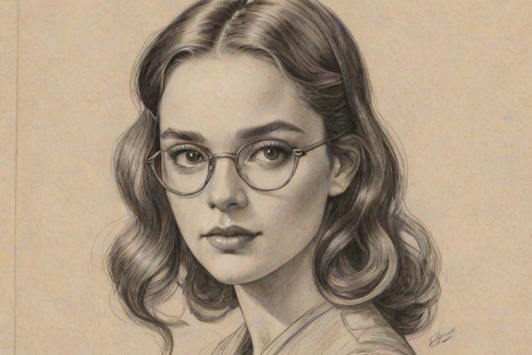 Resplendent Sophie Skelton, pencil sketch, portrait of Graceful woman 1927s in glasses, hair style beatnik, outline, clear lines, fine lines, 8k