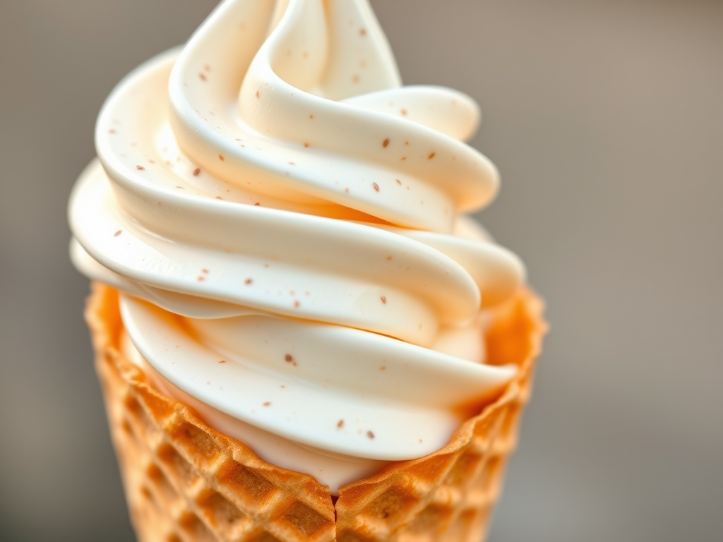 Generate a high-resolution image of a creamy soft-serve ice cream in a waffle cone, shot with a DSLR camera at f/2.8 aperture, ISO 100, 1/160s shutter speed, with a close-up perspective and soft natural lighting to enhance texture and detail.