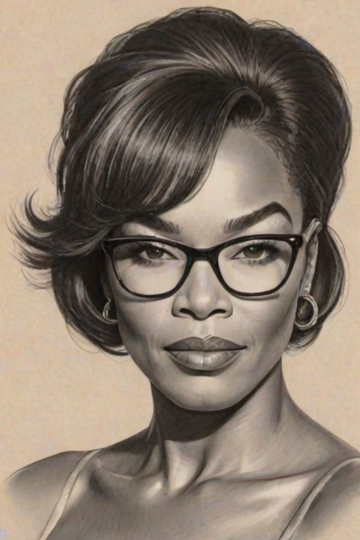 Charming Angela Bassett, pencil sketch, portrait of Alluring woman 1959s in glasses, hair style beatnik, outline, clear lines, fine lines, 8k