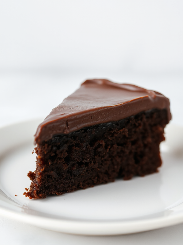 A close-up view of a slice of rich chocolate cake with a thick layer of glossy chocolate frosting on a white plate, showcasing the moist texture and deep brown color of the cake, with a soft background that highlights the dessert.