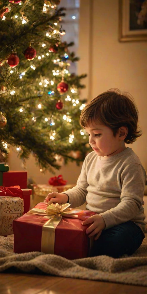 Warm, softly lit image of a child sitting by a Christmas tree, unwrapping a present, soft glow from the tree lights reflecting off ornaments, the child's face lit up with joy, the smell of pine and cinnamon lingering in the air, a sense of holiday warmth and joy captured.