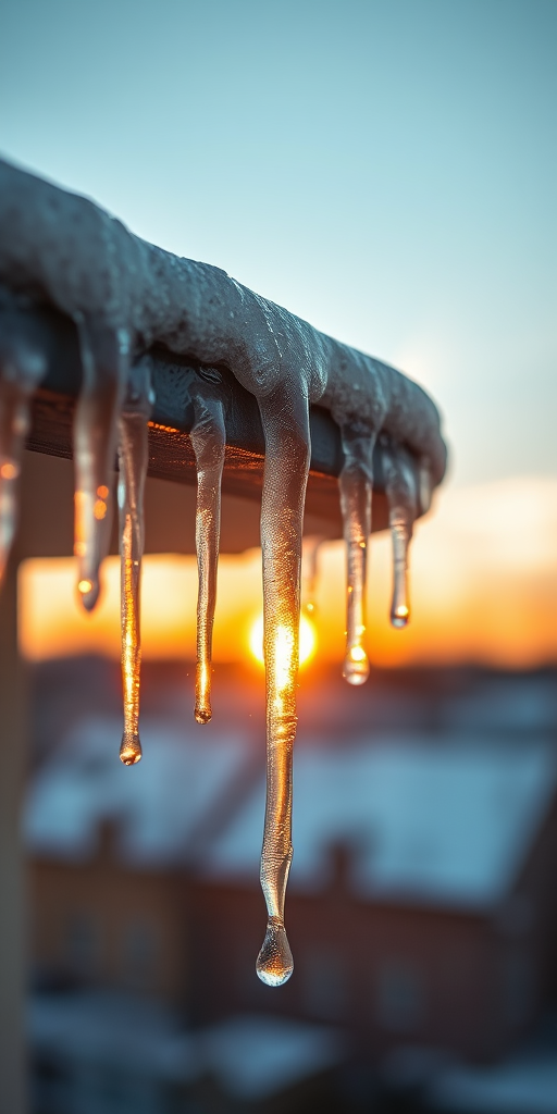 Regenerate an image of icicles melting off a roof edge at sunset with a shallow depth of field, focus on the dripping water, use a Canon EOS R5, 50mm lens, f/1.8 aperture, ISO 100, shutter speed 1/200s, natural lighting.