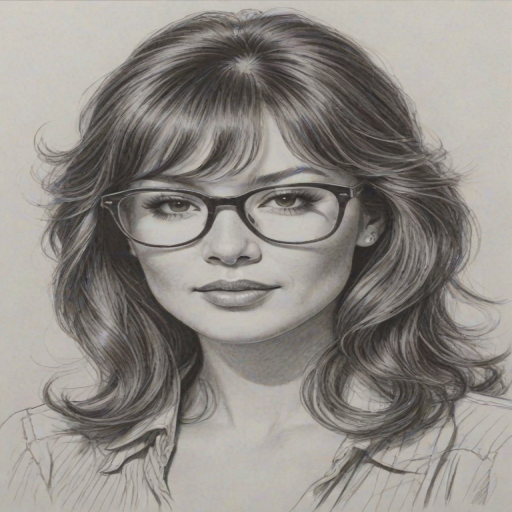 Enticing Lindsay Price, pencil sketch, portrait of Exquisite woman 1980s in glasses, hair style beatnik, outline, clear lines, fine lines, 8k