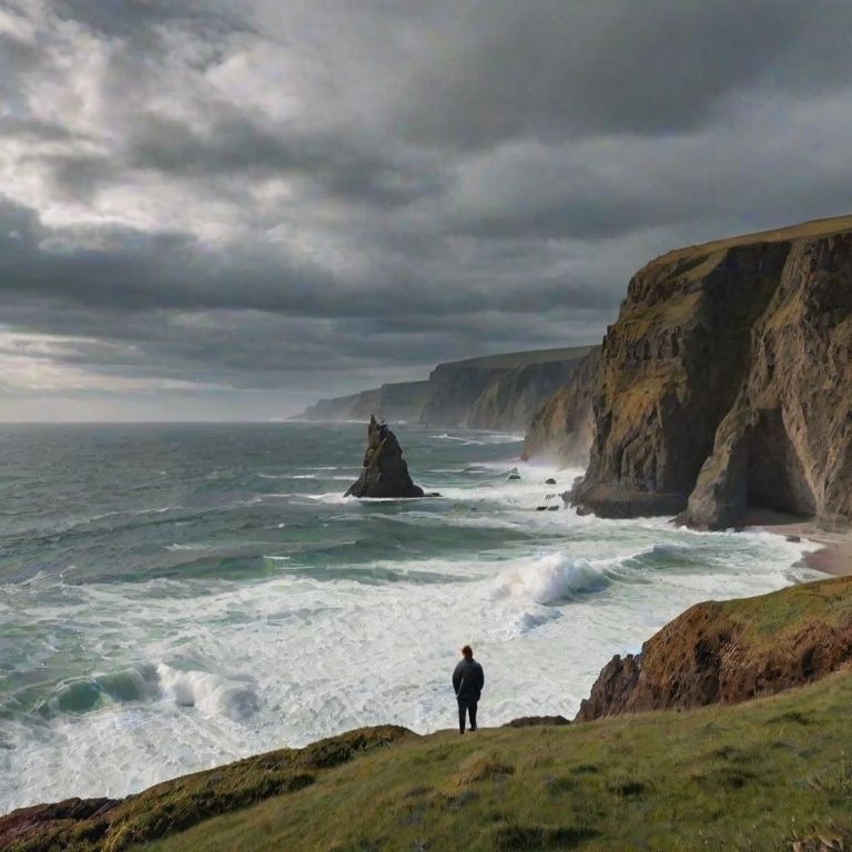 Scenic coastline with dramatic cliffs and crashing waves, a lone figure standing at the edge, taking in the breathtaking view of the ocean under a cloudy sky, creating a sense of adventure.