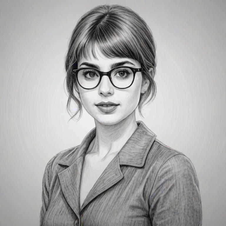 Pleasing Sami Gayle, pencil sketch, portrait of Ravishing woman 1975s in glasses, hair style beatnik, outline, clear lines, fine lines, 8k