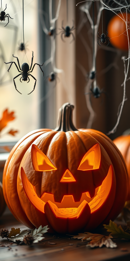Create a festive Halloween scene with a carved pumpkin featuring a sinister grin, hanging spiders and cobwebs in the corners, soft focus background, shot with a DSLR camera at f/2.8, ISO 100, 50mm lens, natural light for a warm glow.