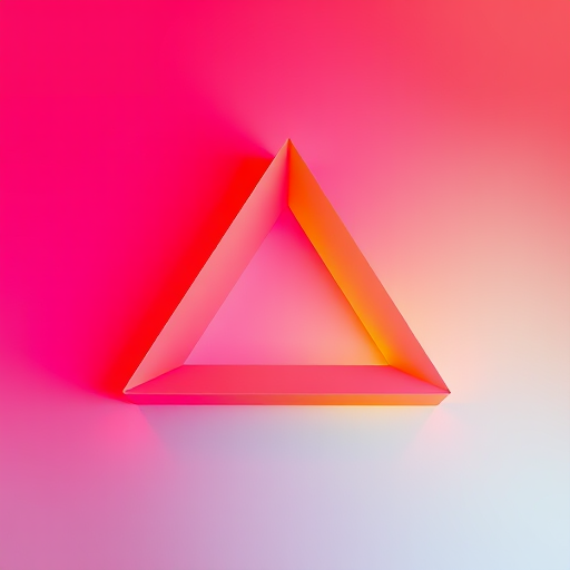 Create a smooth, modern 3D triangular shape with a gradient blend of deep pink, orange, and yellow colors, captured with a DSLR camera at f/2.8, ISO 200, 50mm lens, from a low angle view, using soft lighting to enhance the vibrant colors and highlights.