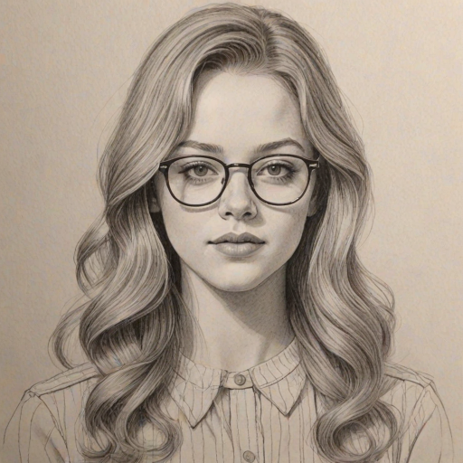 Exquisite Jade Pettyjohn, pencil sketch, portrait of Superb woman 1970s in glasses, hair style beatnik, outline, clear lines, fine lines, 8k