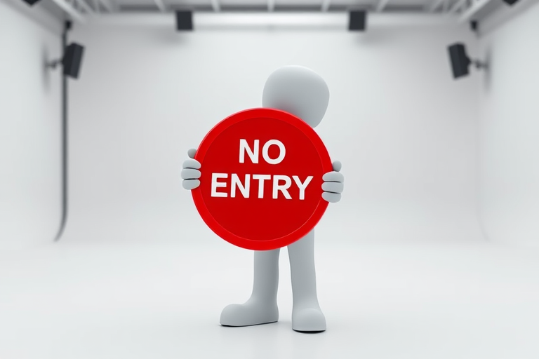 3D character holding a red no entry sign in a bright studio setting, Canon EOS R5, 50mm lens, aperture f/1.8, ISO 100, 1/200 sec, softbox lighting for even illumination.