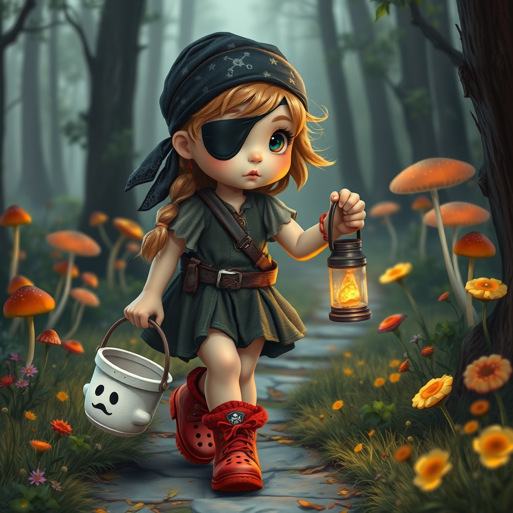 ultra detailed, photo realistic, painterly, of a little girl pirate, patch over one eye, black bandana over hair, walking and carrying an white ghost bucket and a lantern in the other hand, with bright red croc shoes, background path in the enchanted forest, wildflowers, colorful mushrooms misty hues of black and orange with bright gold glitter, ultra detailed