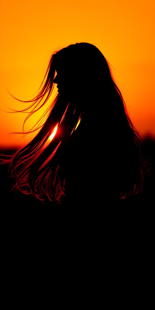 Create a detailed silhouette of a woman in profile, with long flowing hair, standing in a dynamic pose against a vibrant sunset background, shot with a DSLR camera at 50mm f/1.8, ISO 100, 1/200 sec, in an outdoor setting to enhance contrast and color saturation.