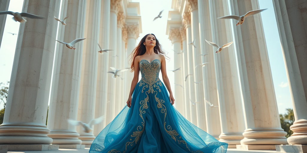 A majestic ethereal woman in a flowing blue and gold gown stands amidst tall, white classical columns with doves flying around, shot with a Canon EOS R5, 24mm lens, f/2.8 aperture, 1/125 sec shutter speed, in soft natural lighting.