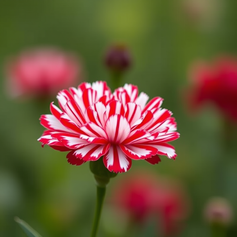 Regenerate the image of a red and white carnation flower in sharp focus with a blurred green background, using a DSLR camera at f/2.8 aperture, 1/200 second shutter speed, ISO 100, 50mm lens, and natural lighting for enhanced detail.