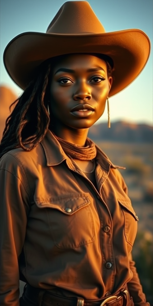 Dramatic photo of a beautiful African American woman, classic cowboy attire, confident and free spirit expression, half-length portrait, centered, golden hour desert landscape, warm, diffused light, low angle, medium format film camera, in style of Annie Leibovitz.