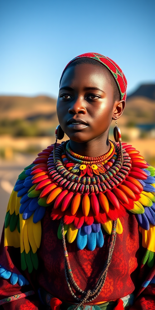 A beautiful Xhosa girl, wearing colorful bird clothing with vibrant colors