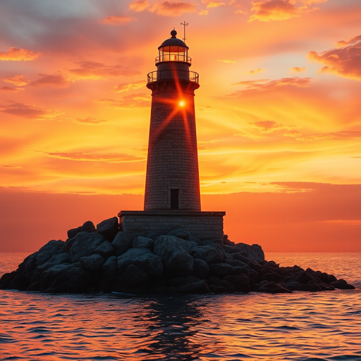 Generate an image of a tall lighthouse perched on a rocky outcrop surrounded by calm ocean waters during a breathtaking sunset. The lighthouse stands sturdy and weathered, its stone surface illuminated by the warm golden light of the setting sun. The sun's rays pass directly through the glass lantern room at the top of the lighthouse, casting a brilliant light across the scene. The sky is painted with vibrant shades of orange, pink, and purple, reflecting off the tranquil sea. The surrounding water shimmers with the same warm hues, creating a serene and majestic atmosphere.