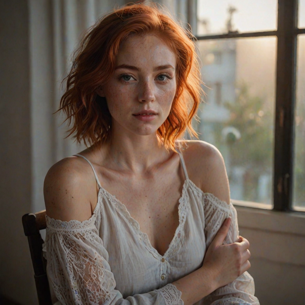 young woman, short messy red hair, light freckles, beautiful face, wearing a loose white cotton lace shirt ,  portrait photo,  posing for a picture in a chair with her hands in her lap, Ayshia Ta k n, parted lips, round cleavage, collarbone, bare shoulders, natural light, a portrait, art nouveau, sunset light through a window, darkly lit, shadows across face