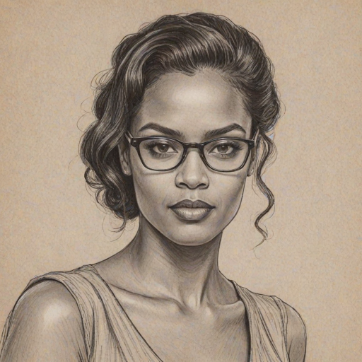 Enticing Freema Agyeman, pencil sketch, portrait of Attractive woman 1935s in glasses, hair style beatnik, outline, clear lines, fine lines, 8k