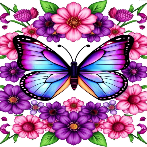 Create a vibrant illustration of a symmetrical butterfly surrounded by an array of colorful flowers. The butterfly should have shades of purple and blue, with intricate details on its wings. The flowers should include various types in pinks and purples, arranged to frame the butterfly beautifully against a clean white background.