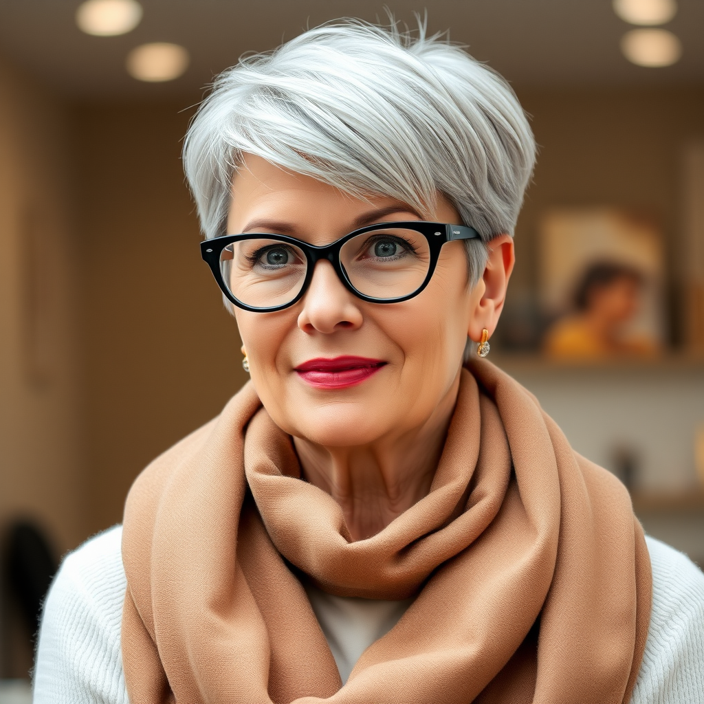 Portrait of a mature woman with short silver hair, styled in an asymmetrical pixie cut with side bangs. She wears black-framed glasses and a beige blouse with a white cardigan over it, as well as a bulky scarf in neutral tones. The woman is indoors with soft lighting and a blur in the background. Her expression is serene and confident, highlighting her elegance and modern style.